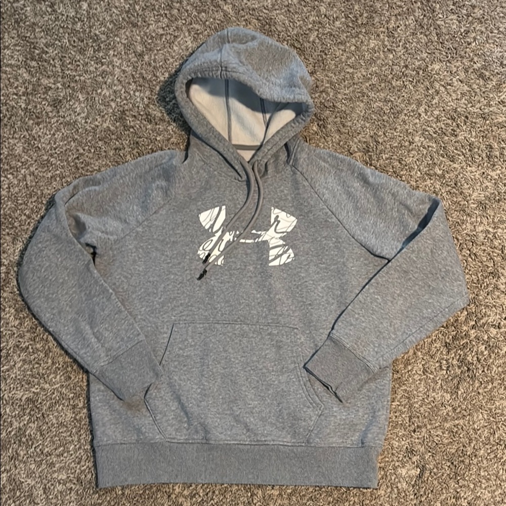 Under Armour gray & white the long sleeve hoodie sweatshirt. Small/Mediumum